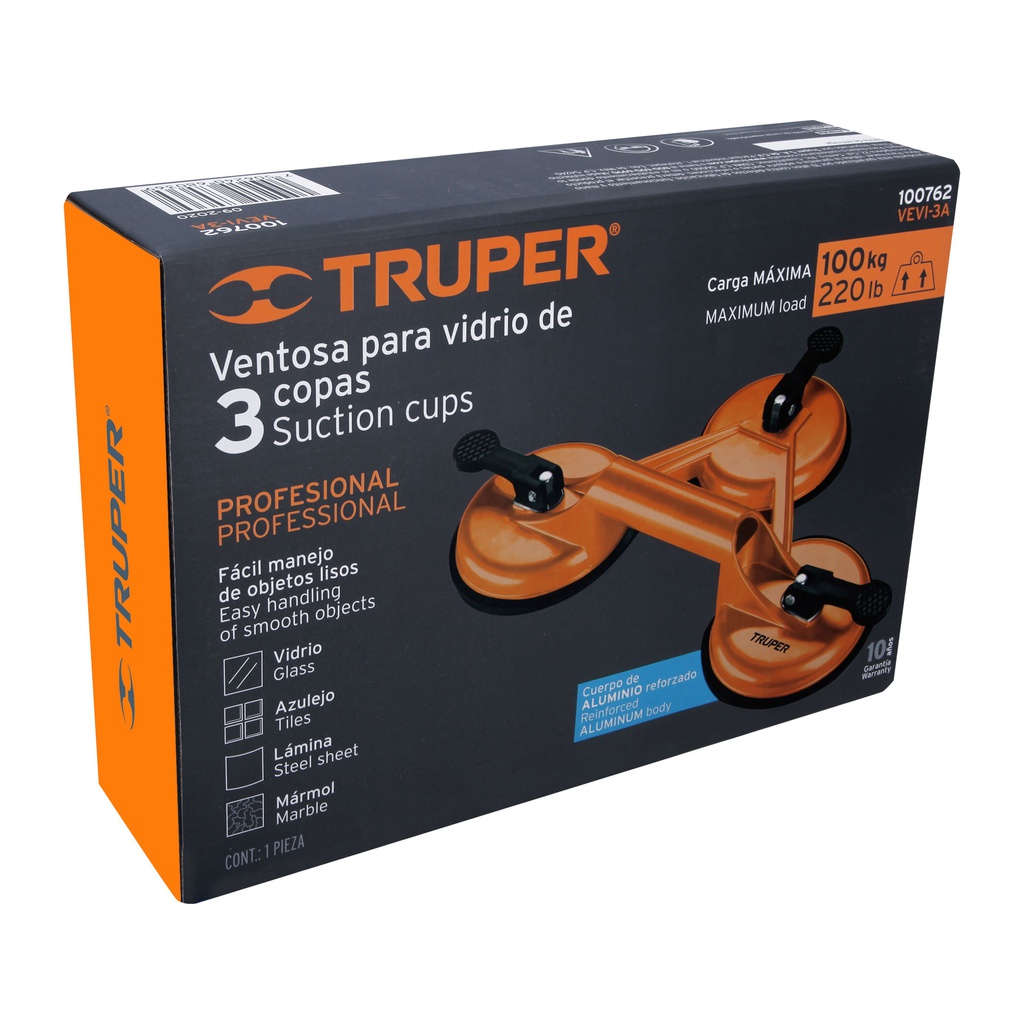 Ventosa de aluminio Truper para Vidrio 3 sopapas