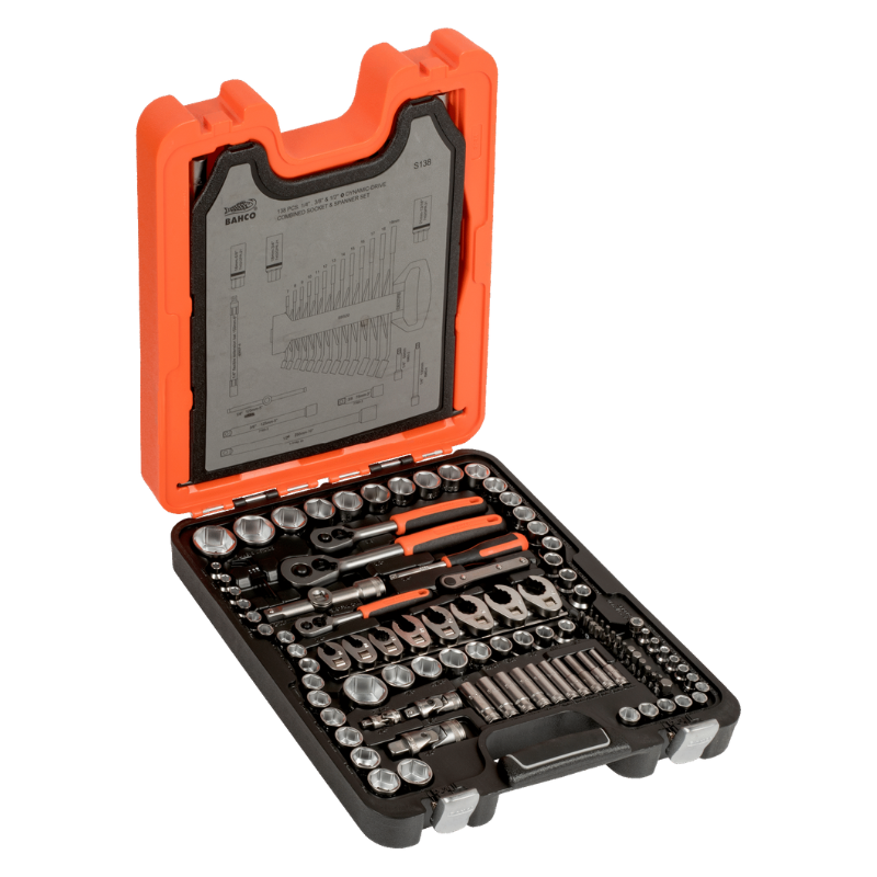Juego de Bocallaves Bahco de 1/4", 3/8" y 1/2", con Llaves Combinadas y Puntas de Destornillador 138 piezas
