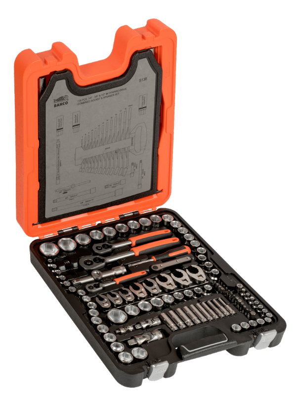Juego de Bocallaves Bahco de 1/4", 3/8" y 1/2", con Llaves Combinadas y Puntas de Destornillador 138 piezas