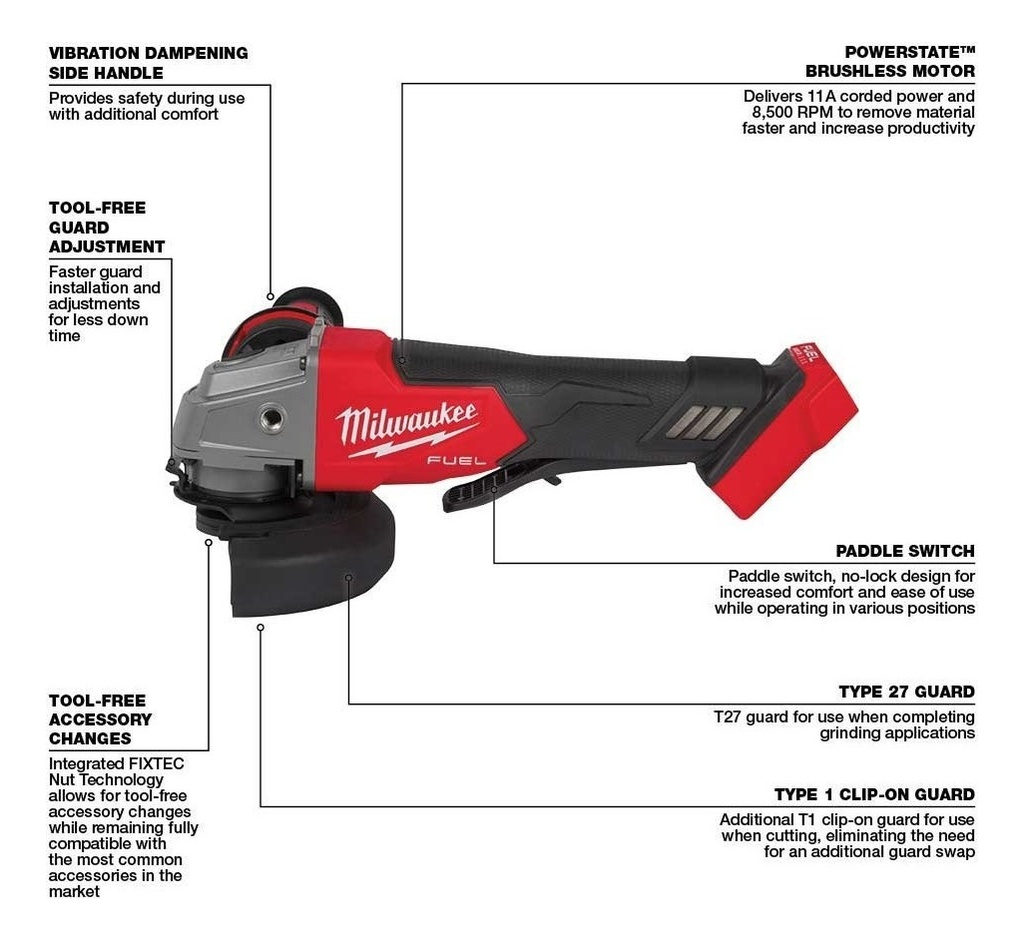 Amoladora Angular a Bateria Milwaukee M18 Fuel sin Cargador ni Bateria