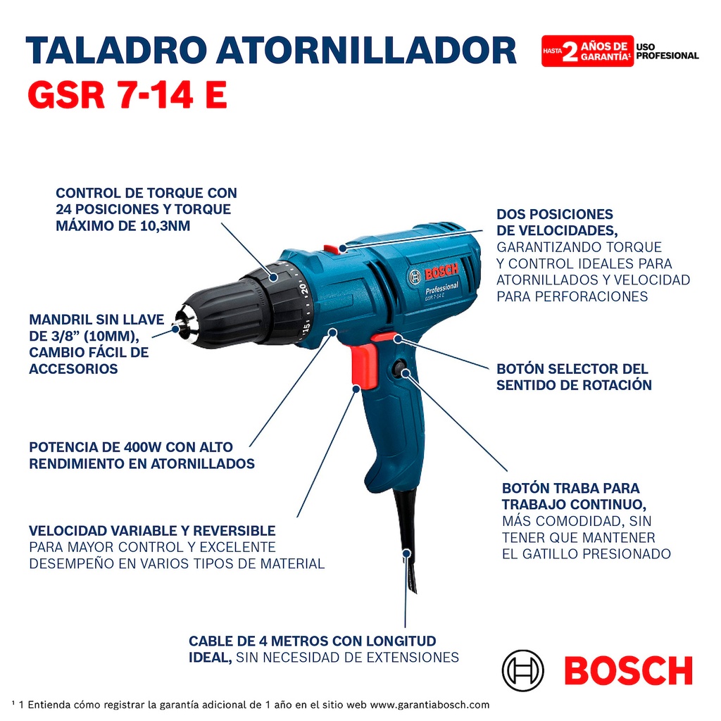 Taladro Atornillador Bosch GSR 7-14 E 400W V.V. 