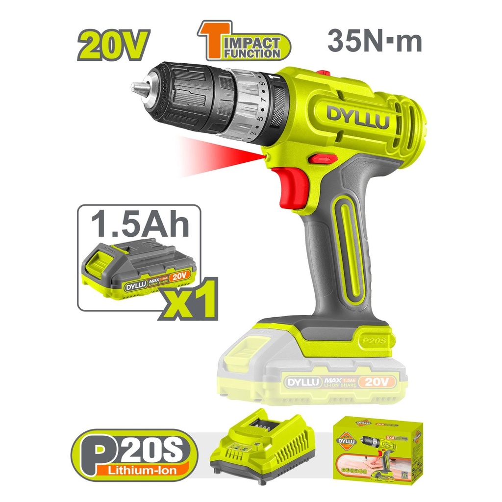 Taladro Percutor Inalambrico 1500rpm 20V +Cargador y Bateria Dyllu DTCDP521-4