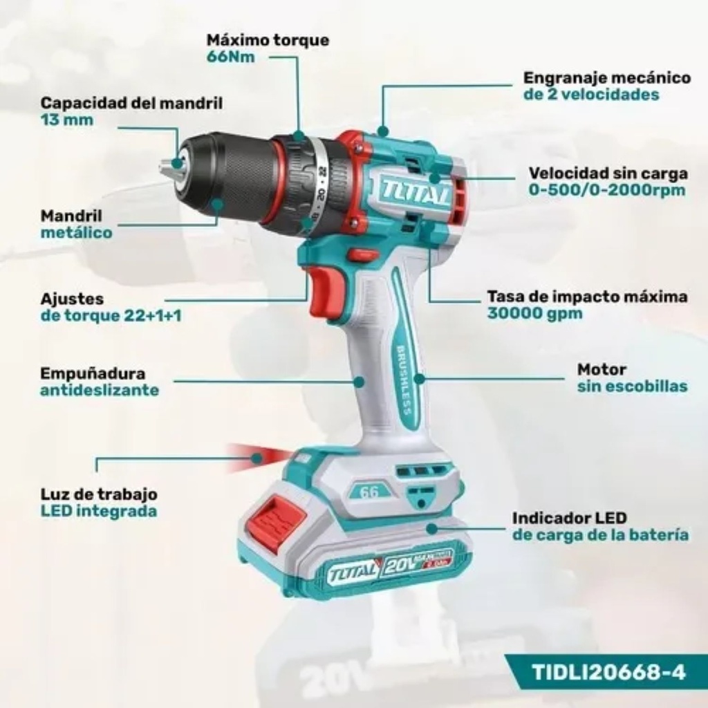 Taladro Percutor 20V BL 66Nm Total TIDLI20668-4 +Accesorios