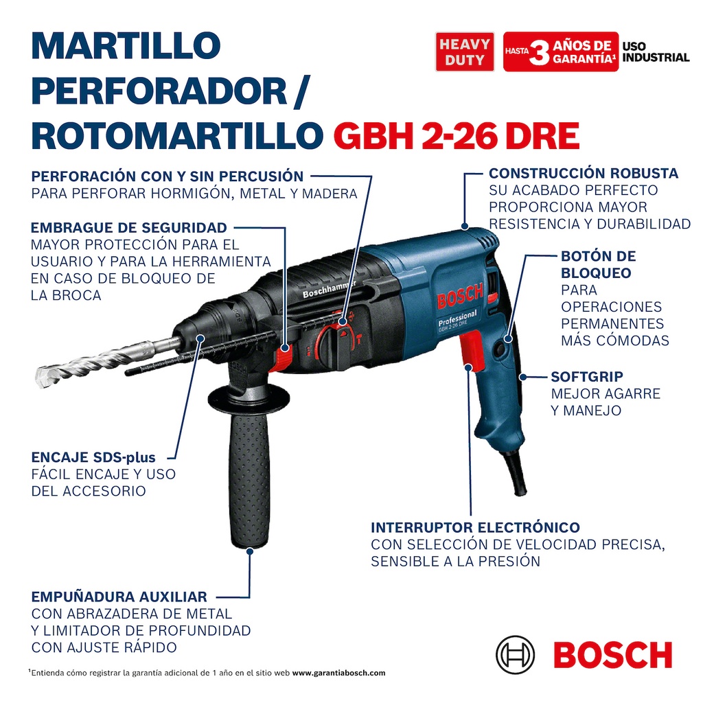 Rotomartillo SDS PLUS Bosch GBH 2-26 DRE 800W 2.7J 2.7kgs V.V. 