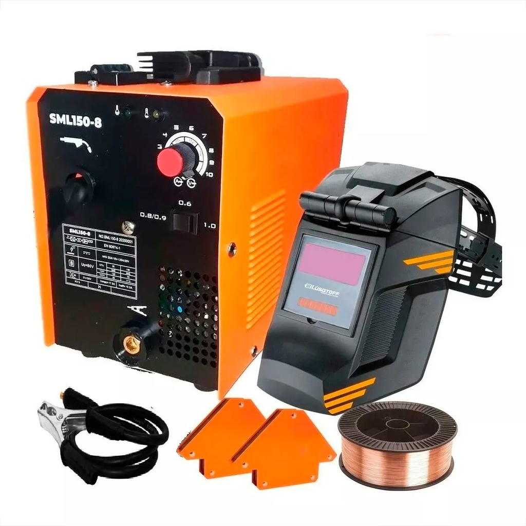 Soldadora Mig Flux 150 Lusqtoff con Rollo de Alambre Escuadras y Mascara de Soldar