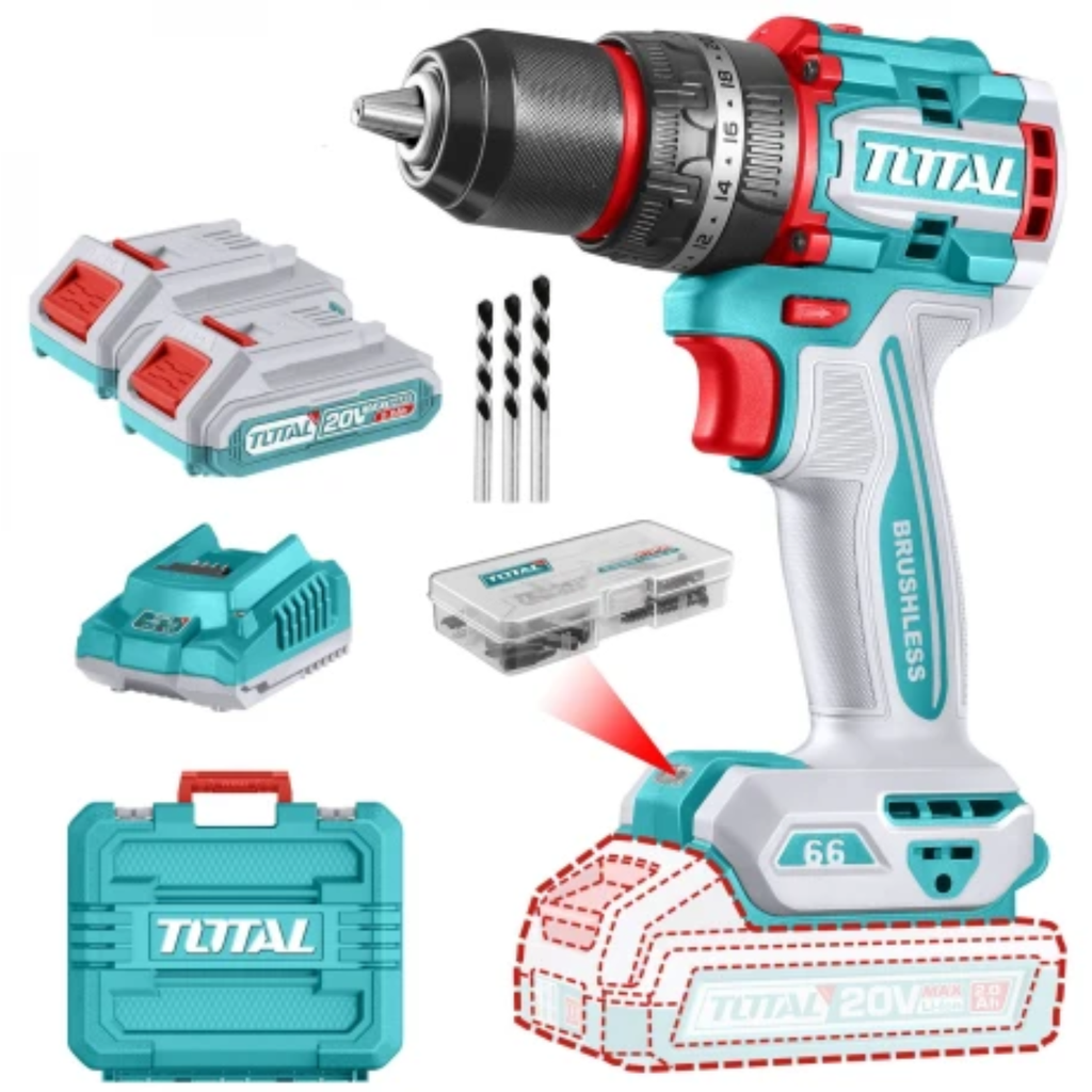 [V2VITI251] Taladro Percutor Total TIDLI20668-4 20V 66Nm +Accesorios Brushless