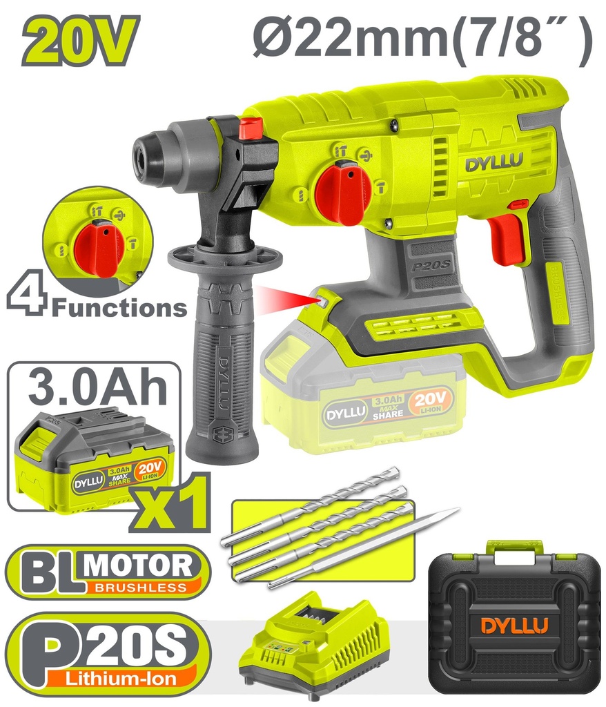 Rotomartillo SDS PLUS BL 22mm 20V (CARGADOR Y BATERIA) DYLLU DTLM1522-4