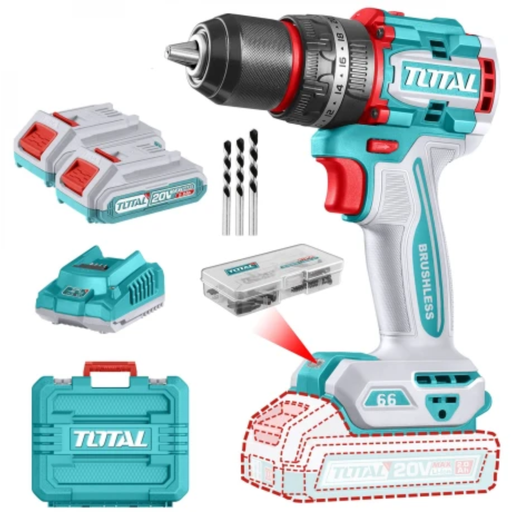 [V2VITI251] Taladro Percutor 20V BL 66Nm Total TIDLI20668-4 +Accesorios